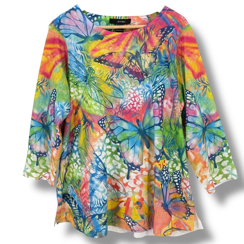 Ali Miles Floral Butterfly 3/4 Sleeve Shirt Plus Size 0X Artsy Watercolor Print